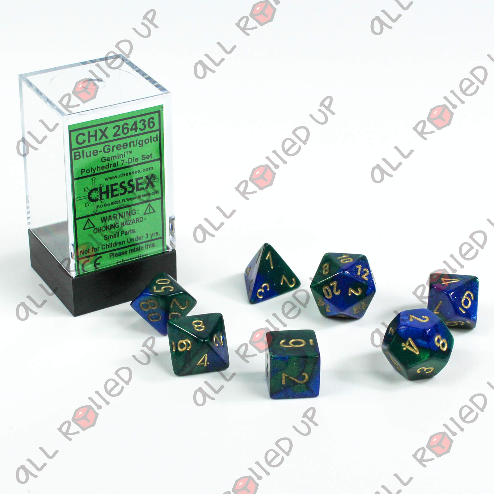 Blue-Green with Gold Polyhedral 7-Die Gemini Dice Set