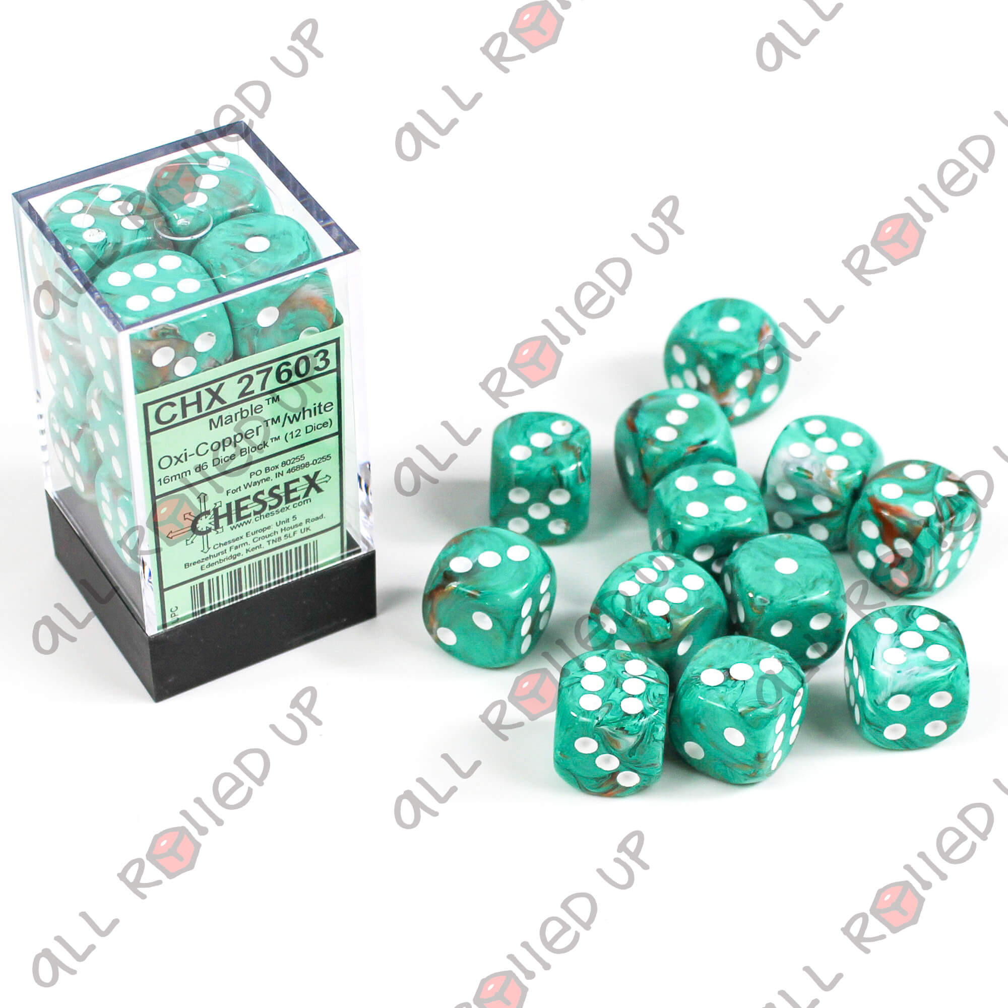 Chessex Marble 12mm D6 Dice Set Oxi-Copper with White 