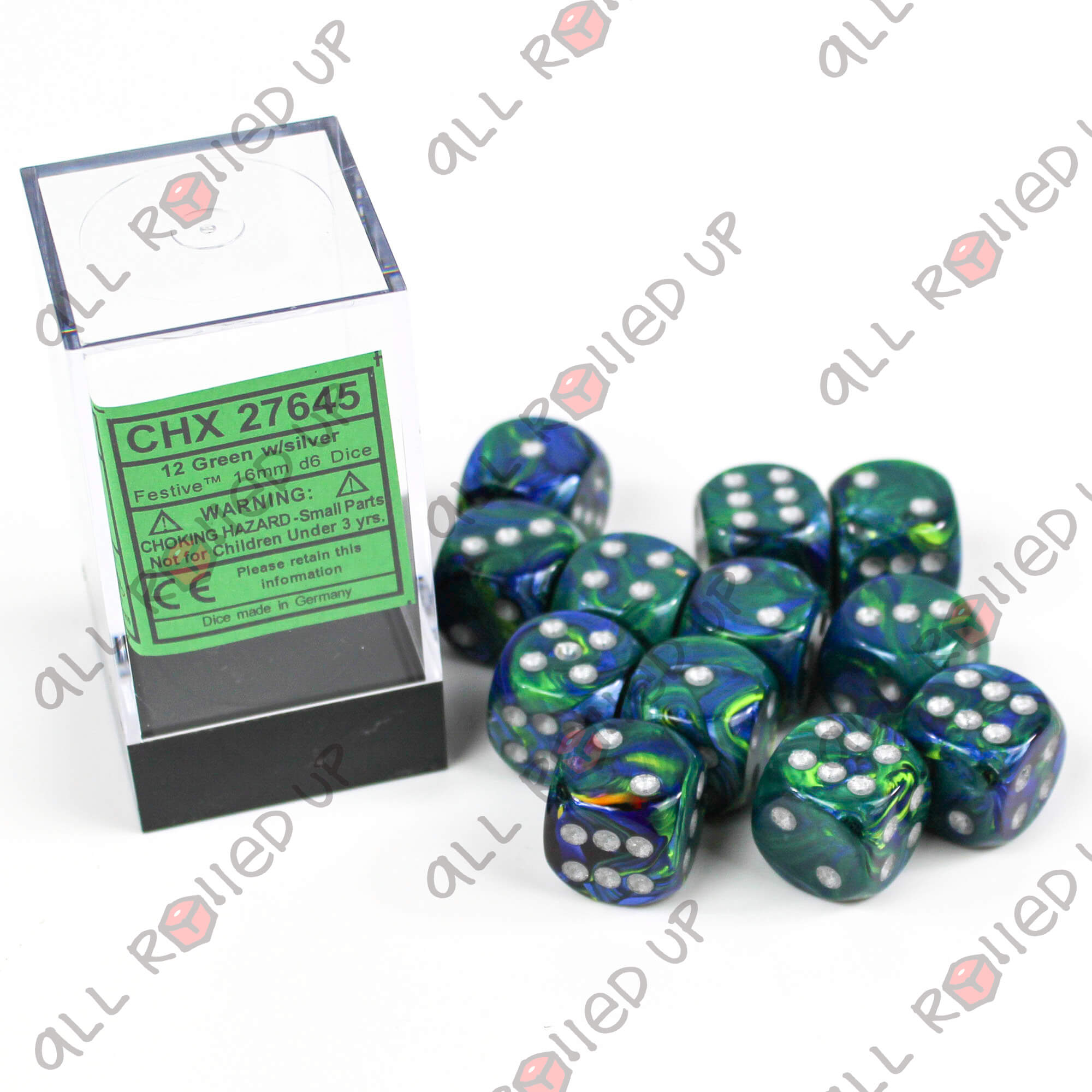 Festive Green with Silver 16mm 7 Die Polyhedral Dice Set